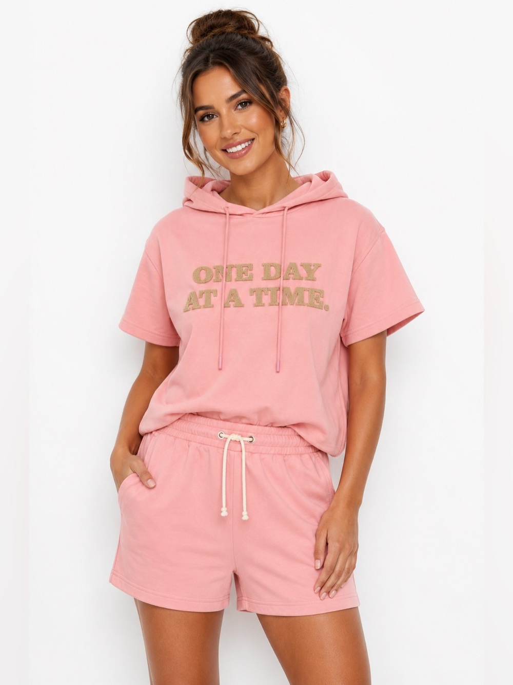FLOOD “One Day At A Time” Pink Lounge Set NWT Hoodie & Shorts Athleisure